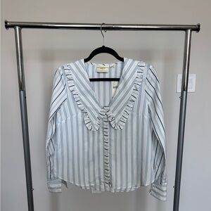 Anthropologie White and Blue Puff Sleeve Blouse with Sailor Collar